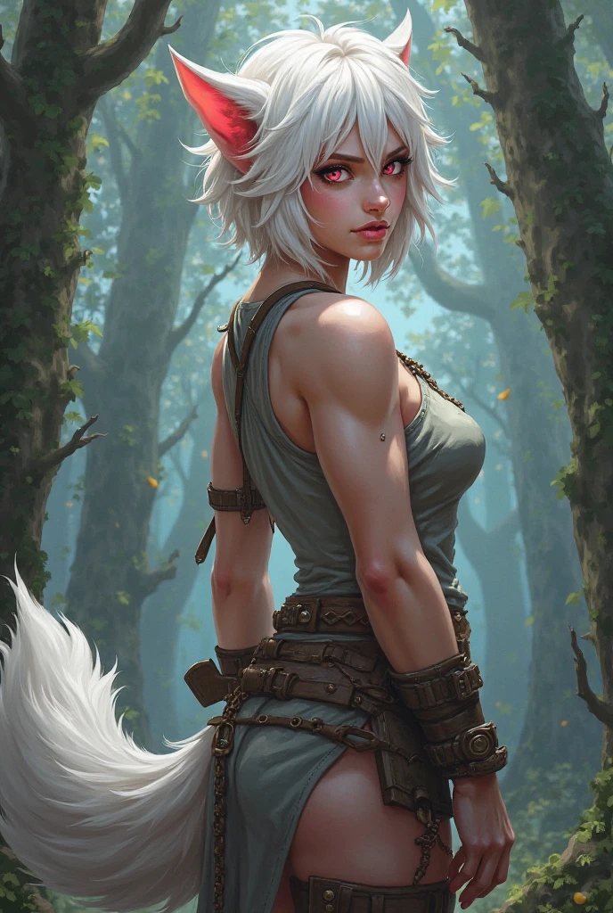 score_9, score_8_up, score_7_up, score_6_up, score_5_up, score_4_up, (solo), female anthro wolf, solo, forest, ninja outfit, medium length white hair, dark blue eyes, light brown cream colored fur,