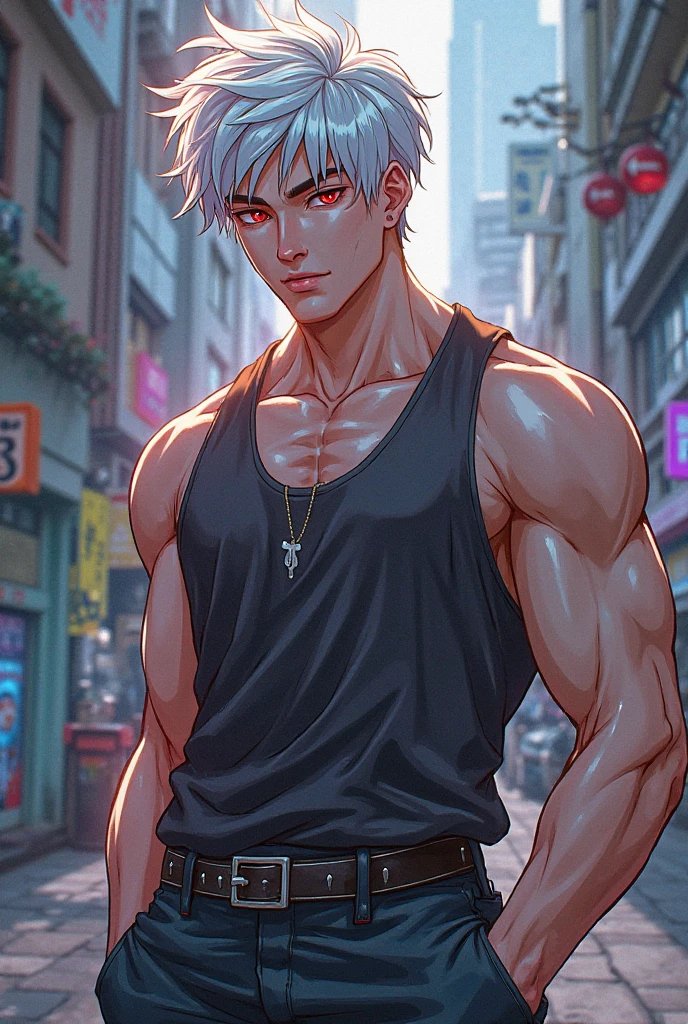 (best quality)), ((masterpiece)), (detailed), perfect face, appears human, young man, Hairstyle with tousled effect volume white hair, glowing red eyes, abs nude,background of a dark street, white skin,angry, exhaling smoke, with scars on his torso,wrapped in red rays, full body,with torn black pants, barefoot