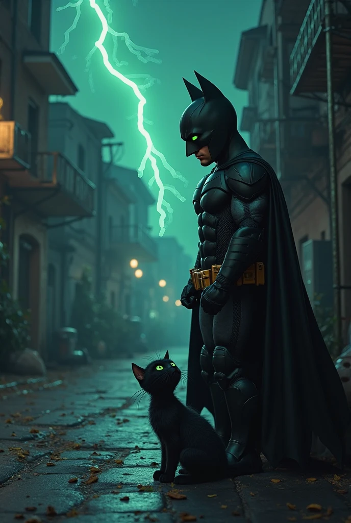 Mystical dark glowing environment. In the middle is Batman. He is holding a majestic fluffy black cat with green eyes in his hand