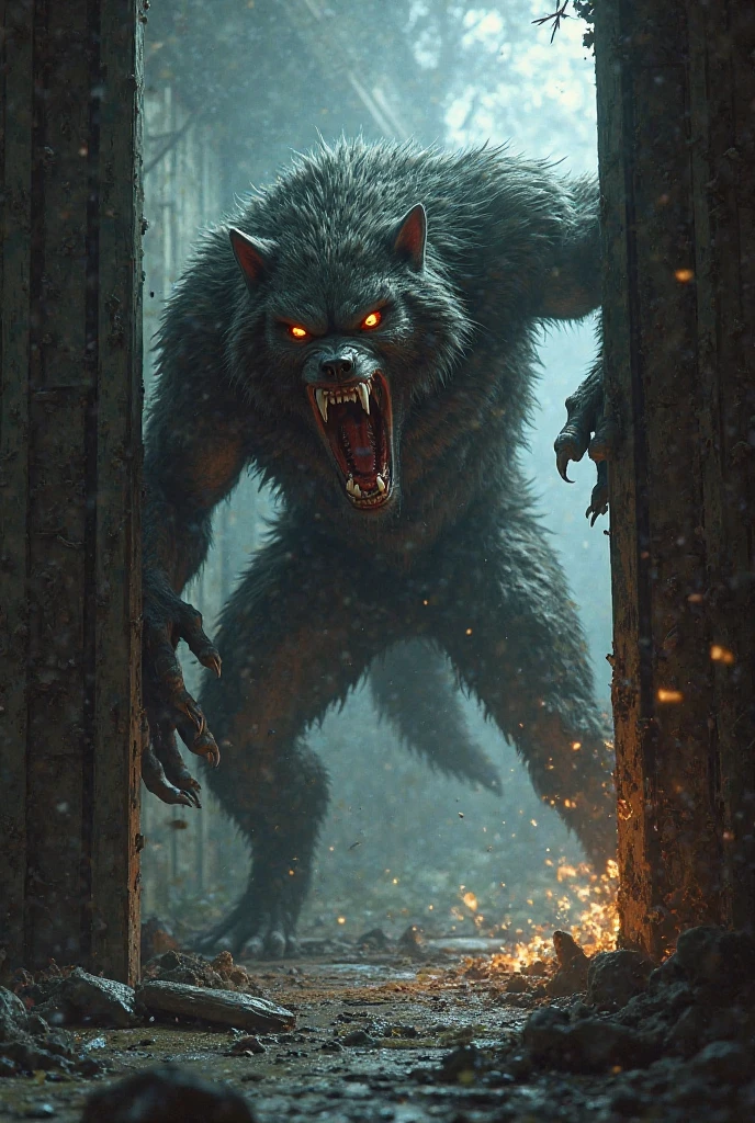 terrifying scene where a lycan, a fearsome werewolf creature, breaks into a small, rustic cottage. The cottage, nestled in the heart of a dark forest, is illuminated by the warm glow of a fireplace and a few flickering candles, casting eerie shadows across the room.
The lycan, with its menacing, muscular form and sharp, gleaming fangs, bursts through the wooden door, splintering it into pieces. Its fur is matted and dark, eyes glowing with a predatory intensity. The room is filled with a sense of chaos and fear as the lycan's claws dig into the wooden floor, leaving deep gouges.
Inside the cottage, furniture is overturned, and personal belongings are scattered in disarray. The cozy, once safe space now feels claustrophobic and dangerous. A faint trail of blood on the floor suggests a struggle, heightening the tension and urgency of the scene.
This image captures the raw power and primal terror of the lycan's intrusion, creating a vivid and gripping moment of suspense and horror in a medieval dark fantasy setting.