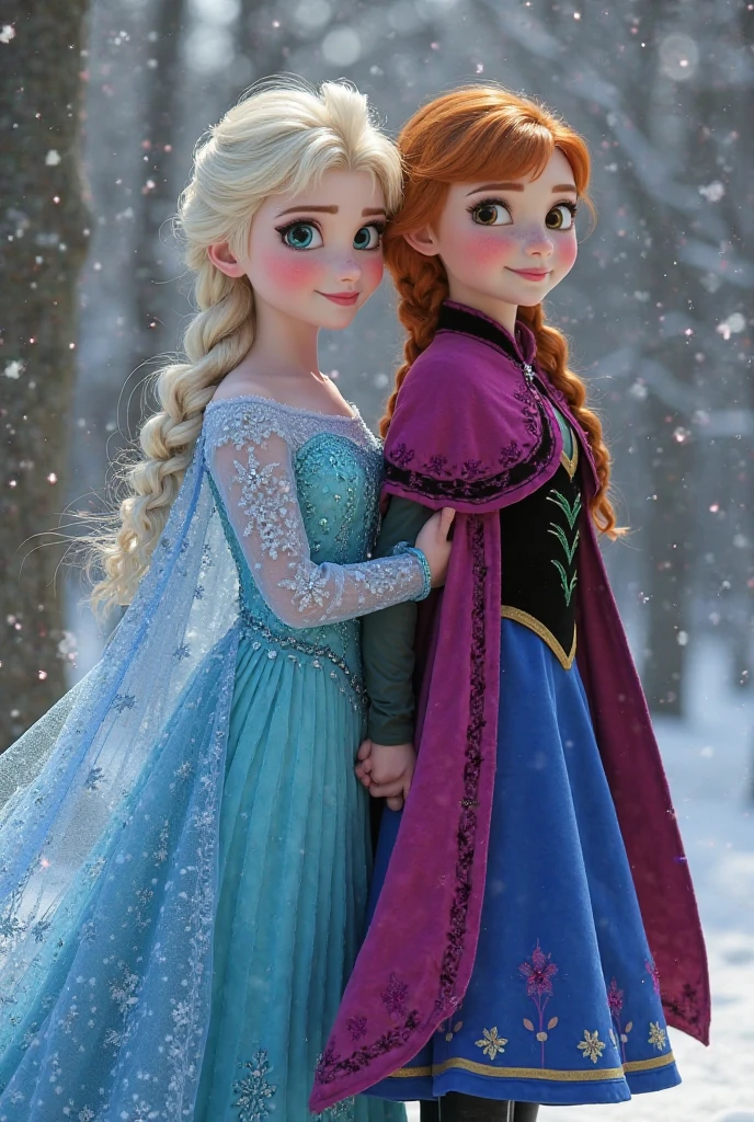 Blonde bleached braids1A light blue dress like the Snow Queen(With lace cape)A 21-year-old white woman wearing、An 18-year-old female with two braids of reddish-brown hair(The dress is、上が黒で下がblue、Sleeves、blue、Wearing a purple cloak)
Both are sisters Two-shot for two The background is a beautiful snowy world