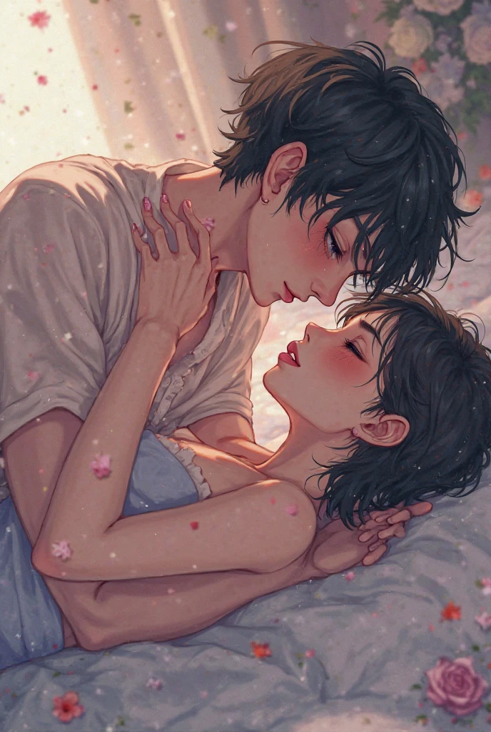 ((highest quality)), ((masterpiece)), (Get used to it), Perfect Face , Couple , 1 male , 1 female , On a bed strewn with roses , kiss , Embrace each other ,
