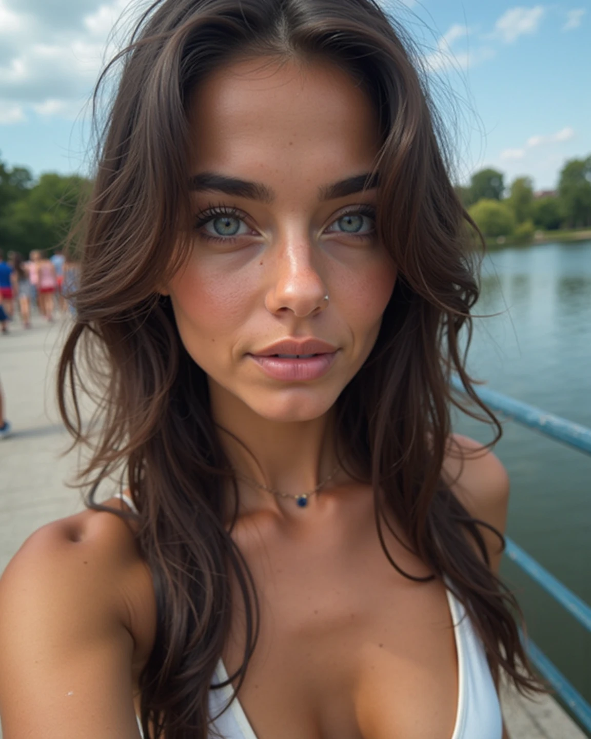 italian woman, brune, tanned, blue eye