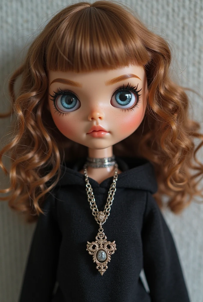 Blythe doll boy brown-copper hair, brown eyes, wavy hair,  pentagram necklace of silver color, black shirt, Bangs covering his forehead White background,  
