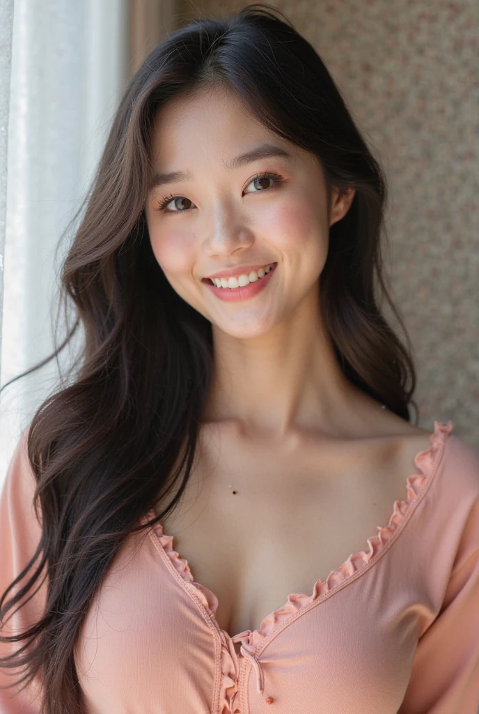 Beautiful 21 years old woman。she is wearing a camisole。She looks ecstatic as if she had an orgasm during sex..。her dark brown hair。High resolution、masterpiece、highest quality、Head w:1.0、((Hasselblad Photos))、fine skin、fine knit、(movie lighting)、clavicle . she is smiling.