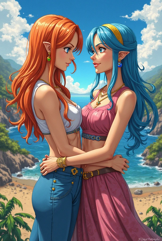 a girl with a boy, SLE, mksks style (masterpiece:1.2) (best quality) (intricate details) (8k) (detailed skin:1.3),(detailed nose) (detailed face) (detailed deep eyes) (sharp focus), // (flat chest:1.6) (chubby:1.2) (furry)
coastal village with colorful houses nestled along a sandy beach. Rocky cliffs rise on one side, while a serene turquoise sea stretches out towards the horizon. A small harbor can be seen with fishing boats bobbing gently on the water. Lush greenery surrounds the village, with palm trees swaying in the gentle breeze. The sky is clear and bright, with a few fluffy white clouds scattered across it <lyco:CyanCapsule-LoCon-V2:1.0>
