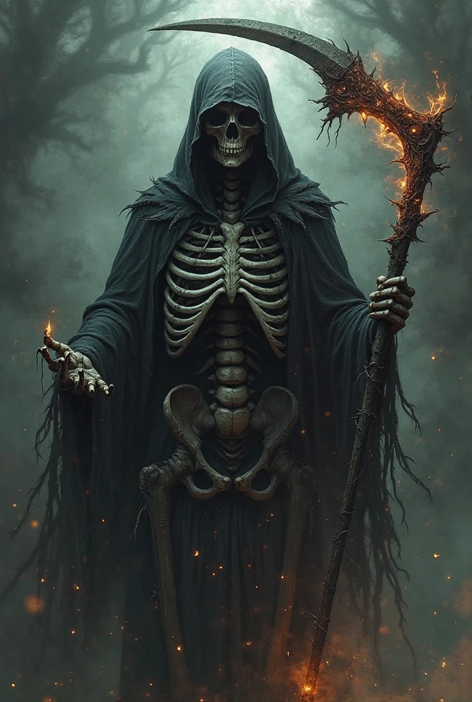Death with a staff of human bones in the darkness