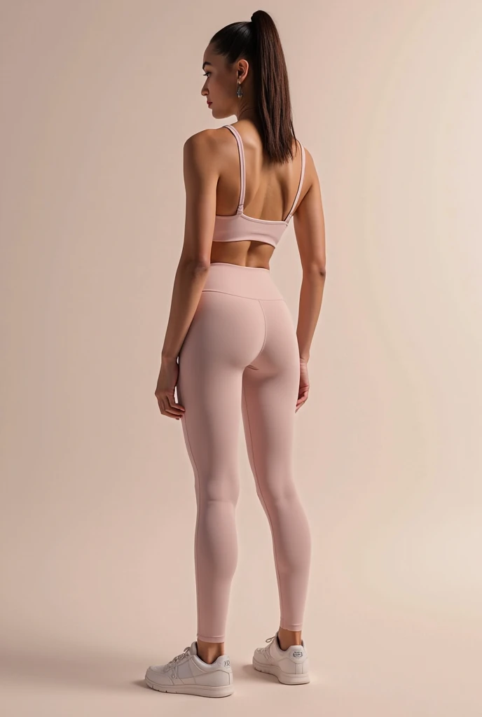 A woman wearing a long black gym tank top and light pink leggings