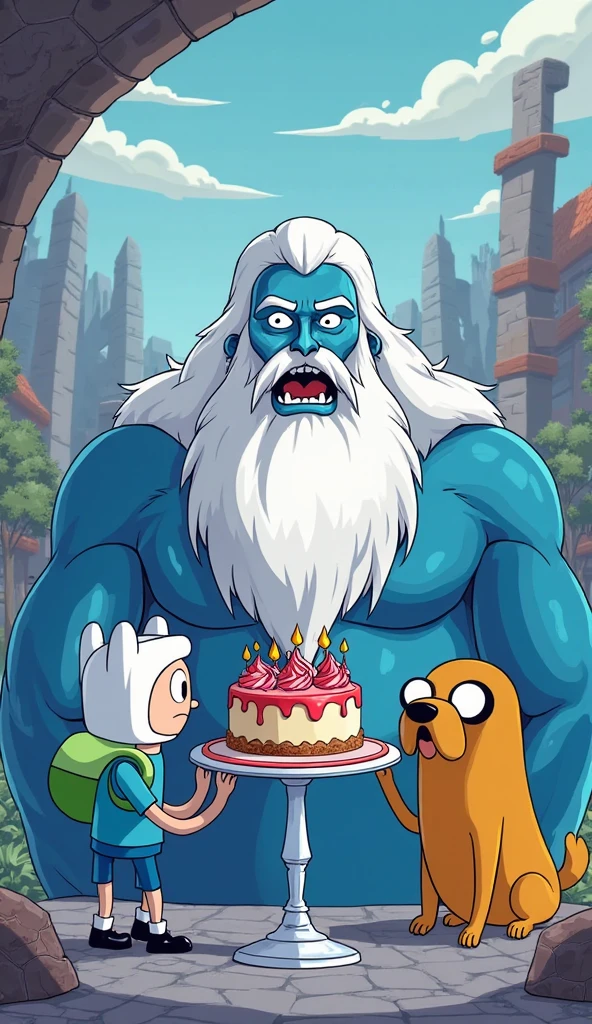 adventure time cartoon: ice king gives a cake to fin and jake
Animated image