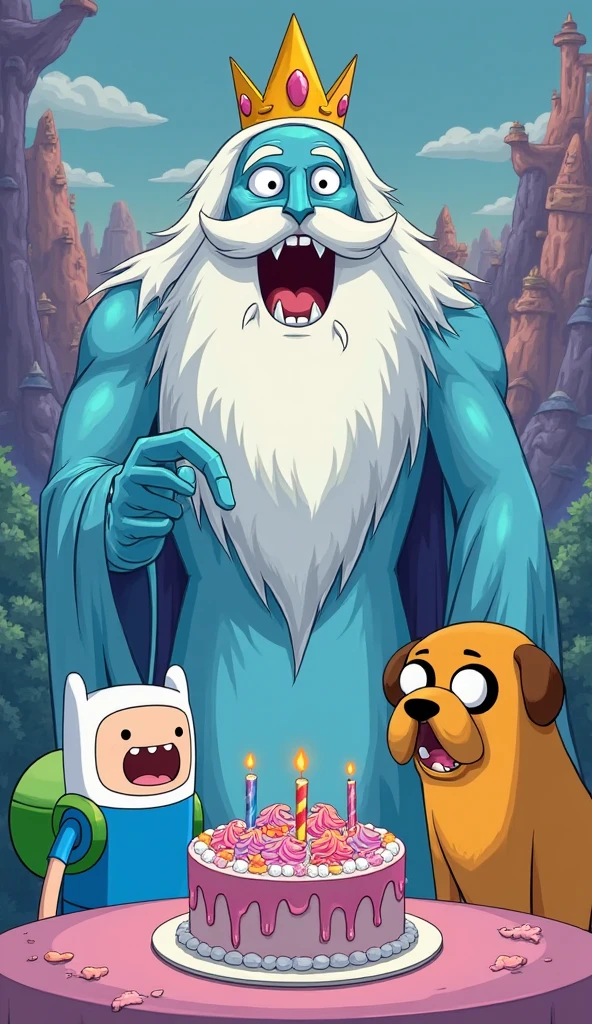 adventure time cartoon: ice king gives a cake to fin and jake
Animated image
