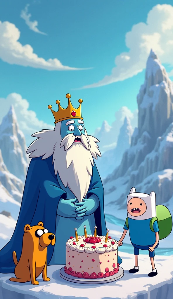 adventure time cartoon: ice king gives a cake to fin and jake
Animated