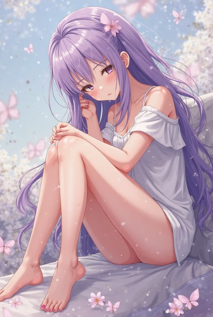 Please remember the details below:
- The artwork is available in the best quality, in 4k and 8k with high resolution (masterpiece: 1.2).
- The portrait is ultra-detailed and realistic with an anime style.
- It portrays a girl in blue underwear with her knees visible.
- The artwork features beautifully detailed eyes, lips, face, long eyelashes, and soft pink cheeks, along with cute purple hair and freckles.
- The girl has an adorable smile and a playful expression, with a slightly tilted head.
- The portrait shows delicate features in natural lighting, with a soft color palette, a blurred background, and a subtle bokeh effect.
- It has a studio painting vibe and the girl is not wearing shoes.