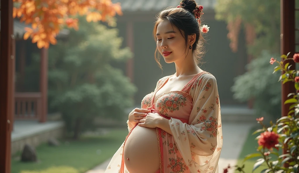  {high quality}, Octane Rendering, Ultra HD, Depth of Field, epic, Movie, ancient China,1 girl aged ten, Cute face, Blue sky and white clouds,Transparent white clothing,Pregnant at ten years old