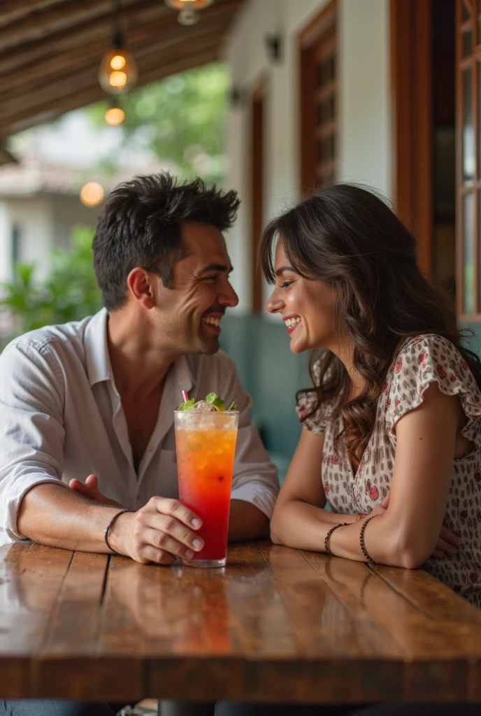 couple in love having a cocktail at a trendy restaurant, background and the vibe is young, fun, she is wearing a white summer dress, he is wearing a casual white shirt and jeans