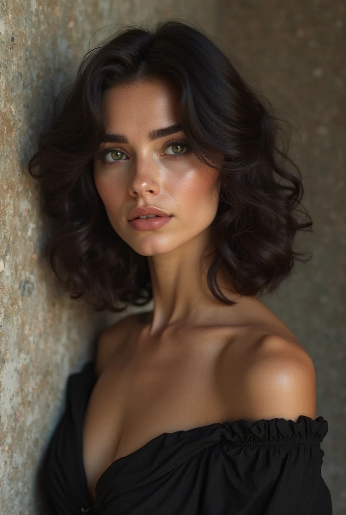 Breathtaking cinematic photo of a 30 year old girl with brown hair and brown eyes, happy, cheerful expression, closed mouth, beautiful lips, intricate details, shallow depth of field, highly detailed, high budget, epic Hollywood film, gorgeous, masterpiece, award-winning, professional, highly detailed, detailed skin texture, (blush: 0.5), (goosebumps: 0.5). (the most beautiful woman in the world) (brown hair) (short curly hair, wild hair, stylish cut) thin face, thin nose, beautiful, very beautiful, perfect face, slender body (slender), (brown hair) (brown eyes ) (white skin) Beautiful body, western face, predatory eyes, pink lips, thick thighs. full body, western beauty, thin nose, beautiful, perfect, ((best quality)), ((ultra resolution)), ((photorealistic: 1.4)), (intricate details), perfect face, makeup: 1.5 , clear face, facial details. front view ((uniform, tactical costume, agent costume, spy))