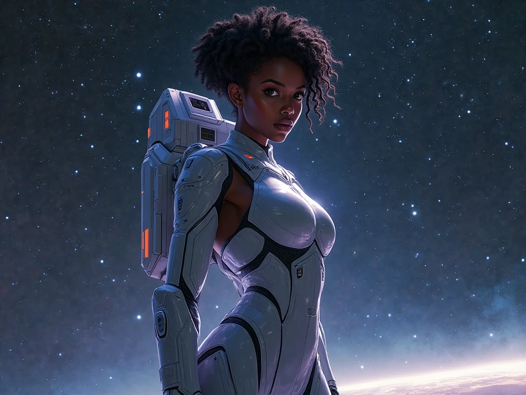 (best quality, 4k, ultra detailed, high resolution, masterpiece: 1.2),Personaje a la Distancia: Hay un personaje visto desde lejos, located at a high observation point. It is small compared to the surroundings, resaltando la magnitud de la nave. The character is equipped with a space suit, with flashing lights and mechanical details.
Vista del Espacio Exterior: Through the openings in the ship, se ve un vasto espacio estrellado. The stars are unevenly distributed, creating variable densities and suggesting the remoteness of some celestial objects, Futuristic and Organic Style: The image combines futuristic elements with biological aspects. The organic details are complex and full of textures, while the technological elements have cleaner lines but are worn by destruction. Paleta de Colores: La paleta incluye tonos oscuros de verde, brown and purple for ship, mientras que el espacio tiene azules profundos y negros con puntos de luz brillantes.