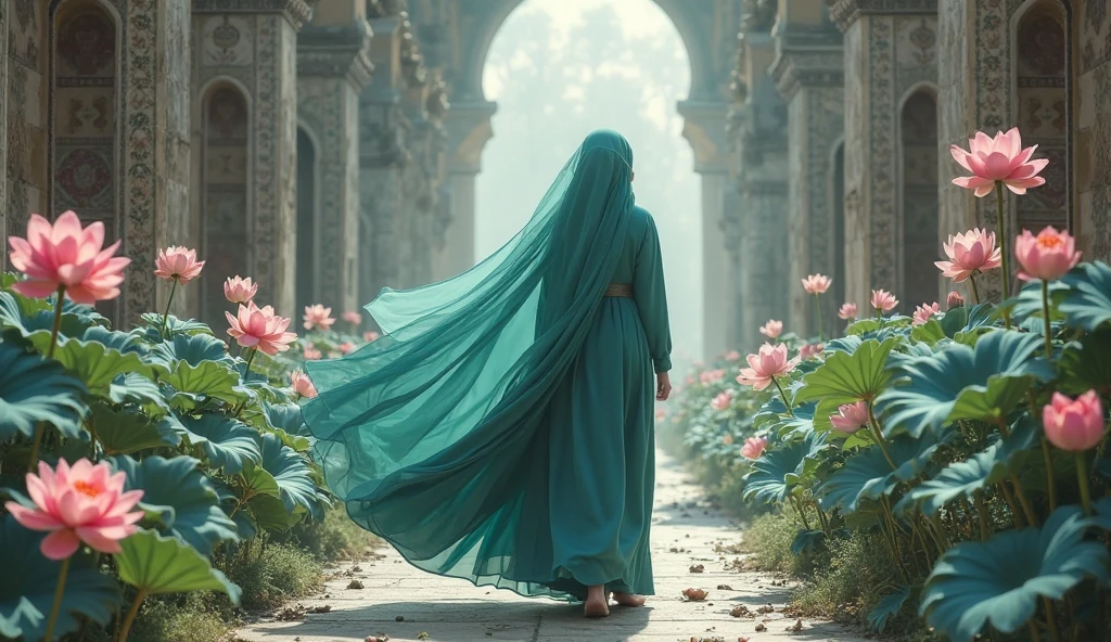 surreal fantasy photo:1.4, (vibrant:1.2), (whimsical:1.2), (dreamlike:1.2), high saturation, bright colors, ethereal lighting, dynamic movement, wide-angle, imaginative, otherworldly, colorful flora, flowing fabric, 24mm lens, f/4, fantastical, enchanting, a hijab woman in blue, in a flowing blue dress in a vibrant, fantasy-like environment