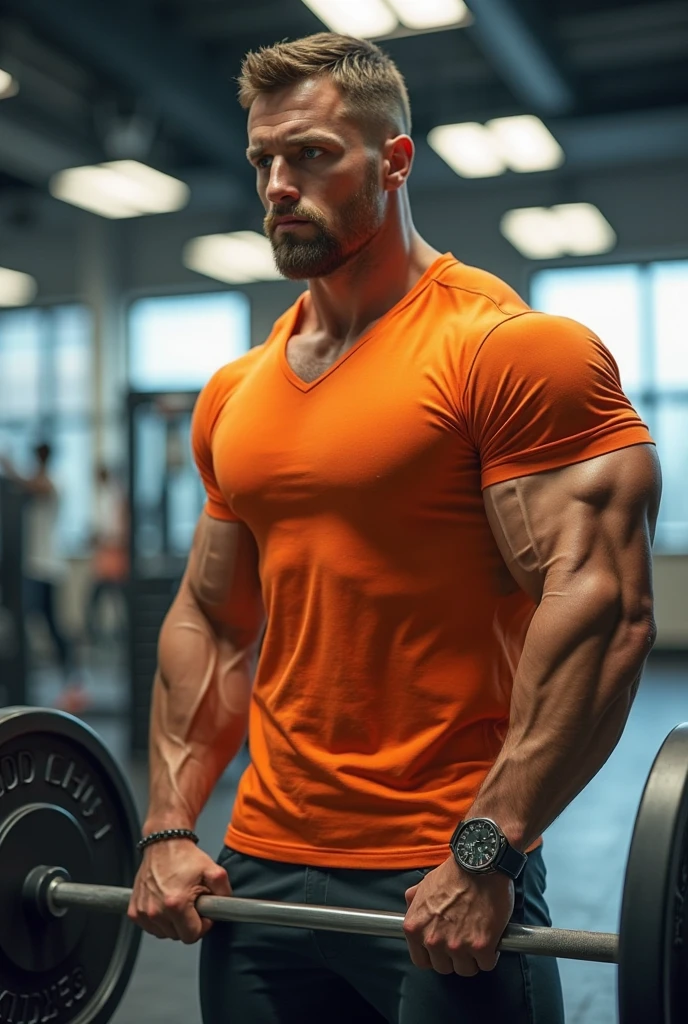 Strong man wearing basic orange T-shirt. He's in a bodybuilding gym. Ambiente meio escuro com algumas luzes ao fundo