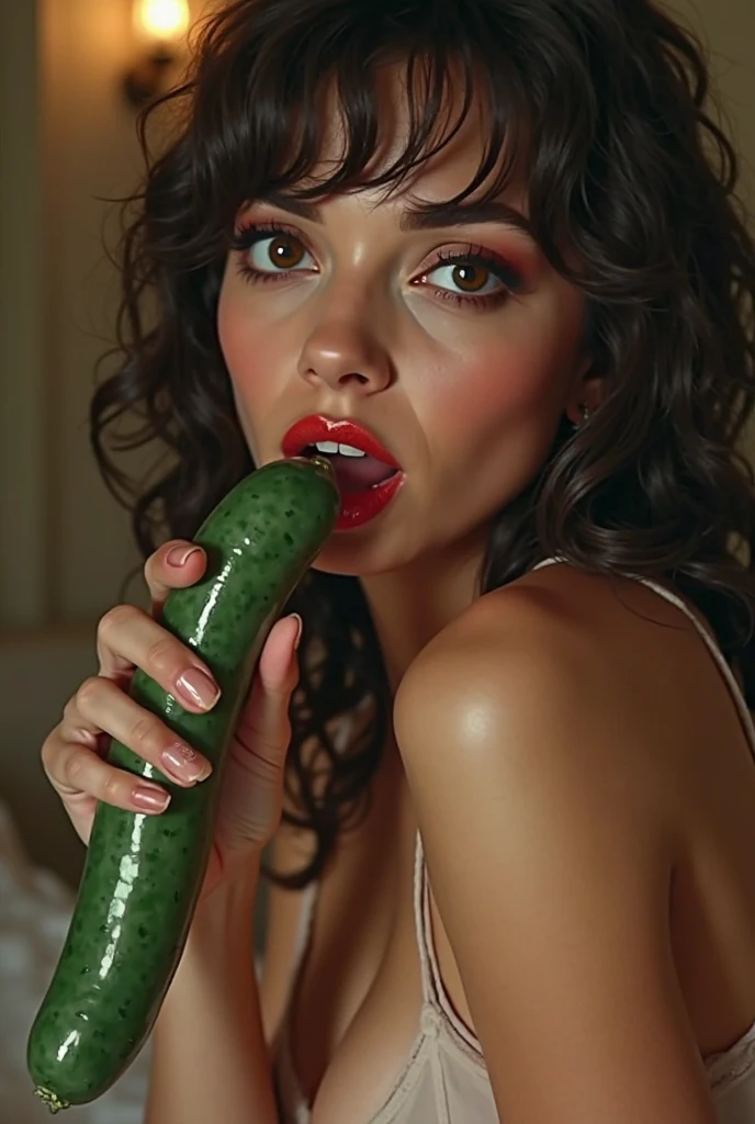 Kurdish woman in single color straight small short hijab nude arm nude shoulder breasts making masturbating with a cucumber on bed laying down insertion asshole nude back consistent body realistic body