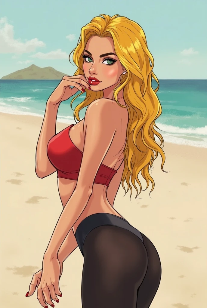 Beautiful latin american woman with tanned skin, freckles in her face, platinum blonde long hair, wearing a stylish beach outfit, minishorts, sunhat, (1 Girl), (Full Body), Beautiful face, smiling, taking a selfie pose, ((Perfect face)), ((hyper bronze skin)), ((tan skin)), natural light, beautiful lighting, beautiful colors, semi realistic style, ((Beautiful detailed eyes)), ((Beautifull detailed face)), ((high detail)), ((High Definition)), (Flat Colors), (Celshading), (Illustration style), ((Lineart)), ((Perfect Lines))