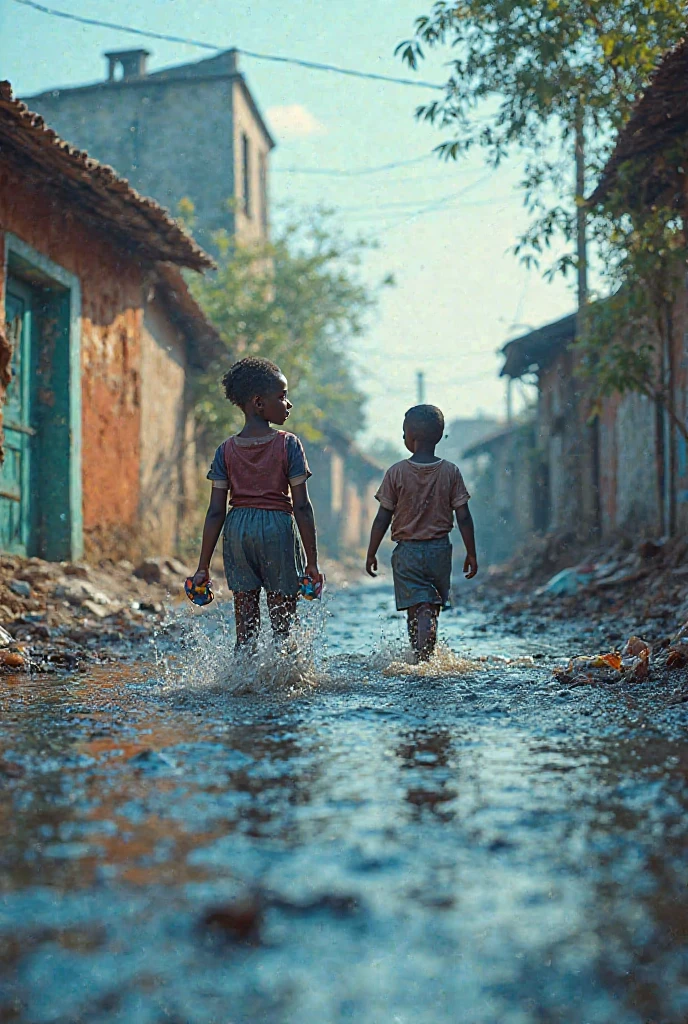 A realistic photo of African kids (mixed) playing under rain, perfect face features, perfect eyes, perfect body, smiling, hopeful, volumetric lighting, sun rays, detailed shadows, indoor, hasselblad X2D 100c, hasselblad XCD 80mm f/1.9 lens, depth of field, bikes, film grain, sharp focus, photorealistic, masterpiece, intricate details, high contrast, 8k,  UHD, HDR, high-res, best lens, absurdres, award winning photography, best composition, rule of third, full body shoot.