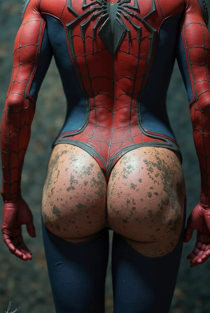 Peter Parker in a Spider-Man costume, showing off his ass, torn fabric on his ass, spreading his buttocks, seducing, playful, in an adult store, around a lot of dildos of different sizes