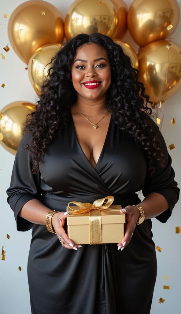 illustration of a curvy african american woman with braided black hair in a bun wearing long gold dress holding glass bowl of bingo balls surrounded by gifts and bingo balls christmas presents on the floor with a red and black background that says Mizzbee's Ultimate Giveaway