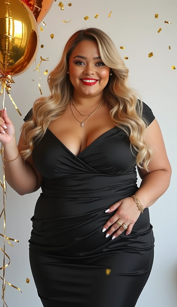 Beautiful blonde woman XL size 40 years XL with big breasts in a dress with a big neckline