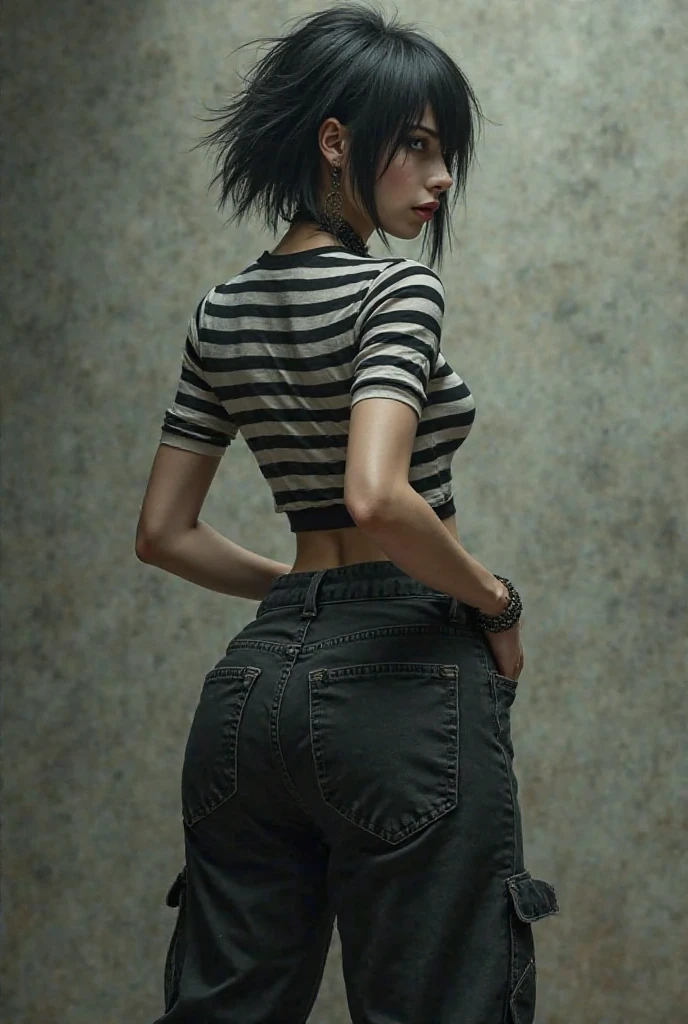 girl in black dress walking, short and black hair, blue jeans
