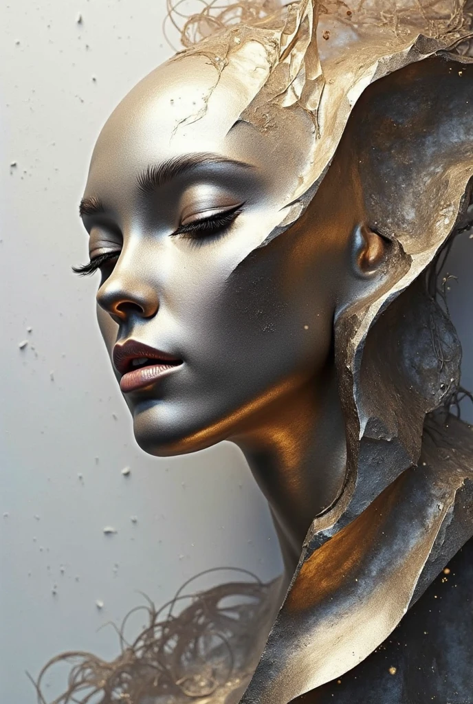 a closeup of a female face sculpted from gold