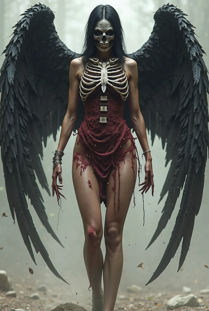 Fine matte painting, skeleton dark angel big wings haunted castle on drawing table full of knives, horror, spookiness, scary, secret horror, tentacles, vines, eyes, uncanny valley effect teeth, limbs, animals, blood moon