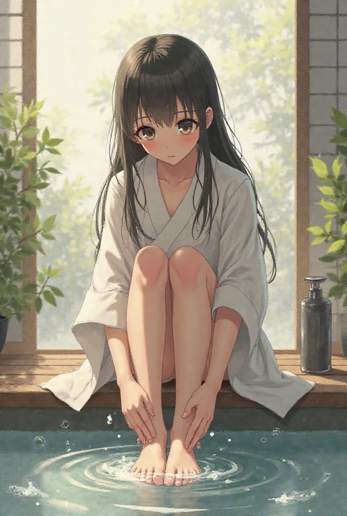 Mature woman in a white yukata squatting on a stone bridge in the Nishikigoi pond in the garden, tilting her head, detailed eyes, long straight black hair, masterpiece, from below, detailed white panties