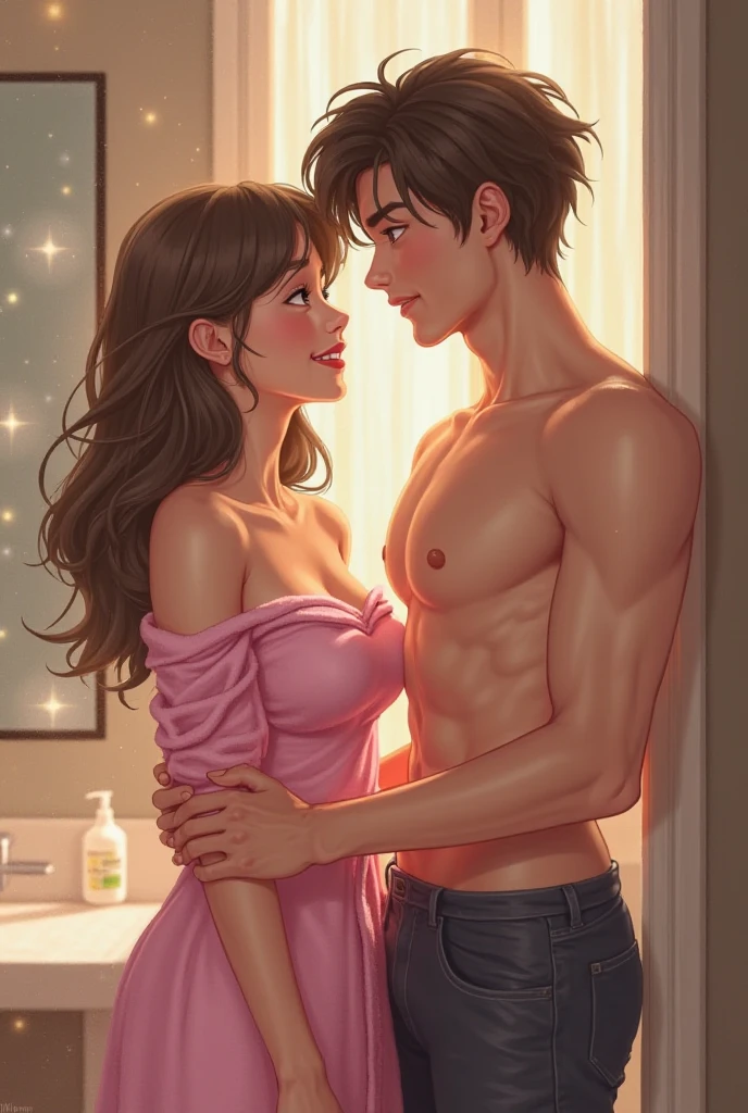 A man and a woman cuddling and bathing in a tub, youthful and handsome man, robust, flowing dark brown hair, shirtless, ornaments, smiling, closeup, and lucy pinder as a beautiful youthful woman, completely naked , gold ornaments, smiling, rear view, butt visible, sucking his cock