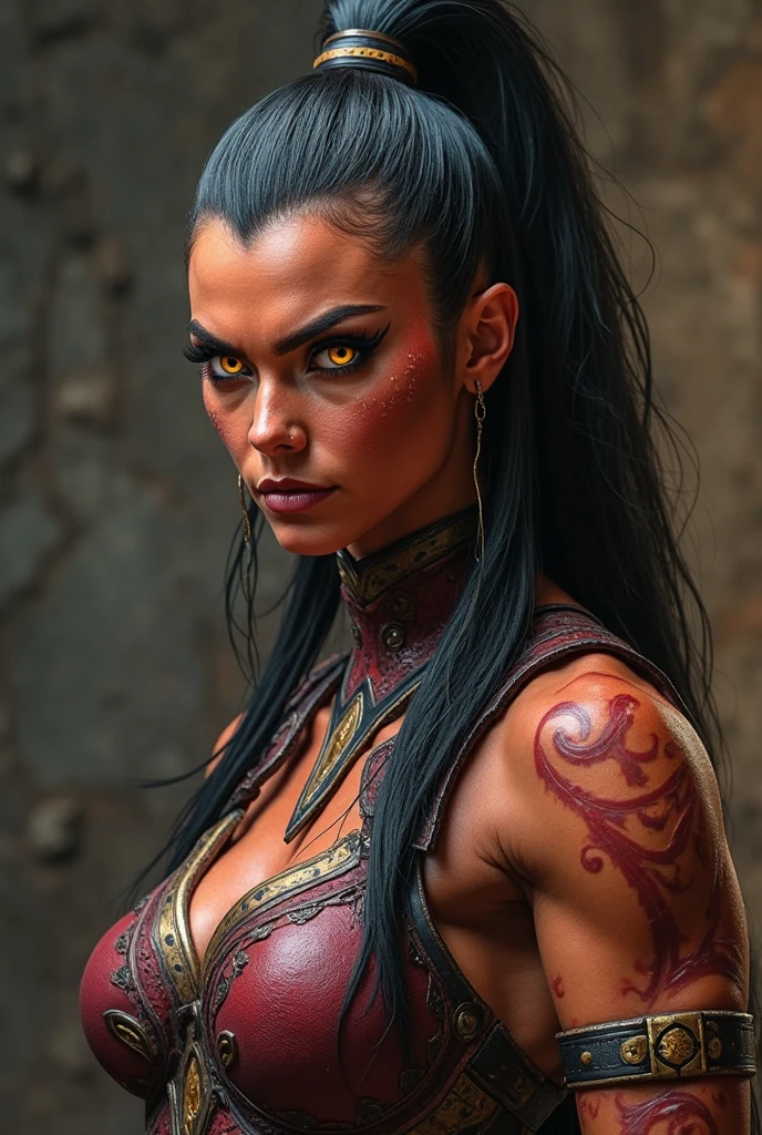 A beautiful female character with black/grey skin and glowing amber eyes. She has fiery, reddish textured hair and golden tribal tattoos