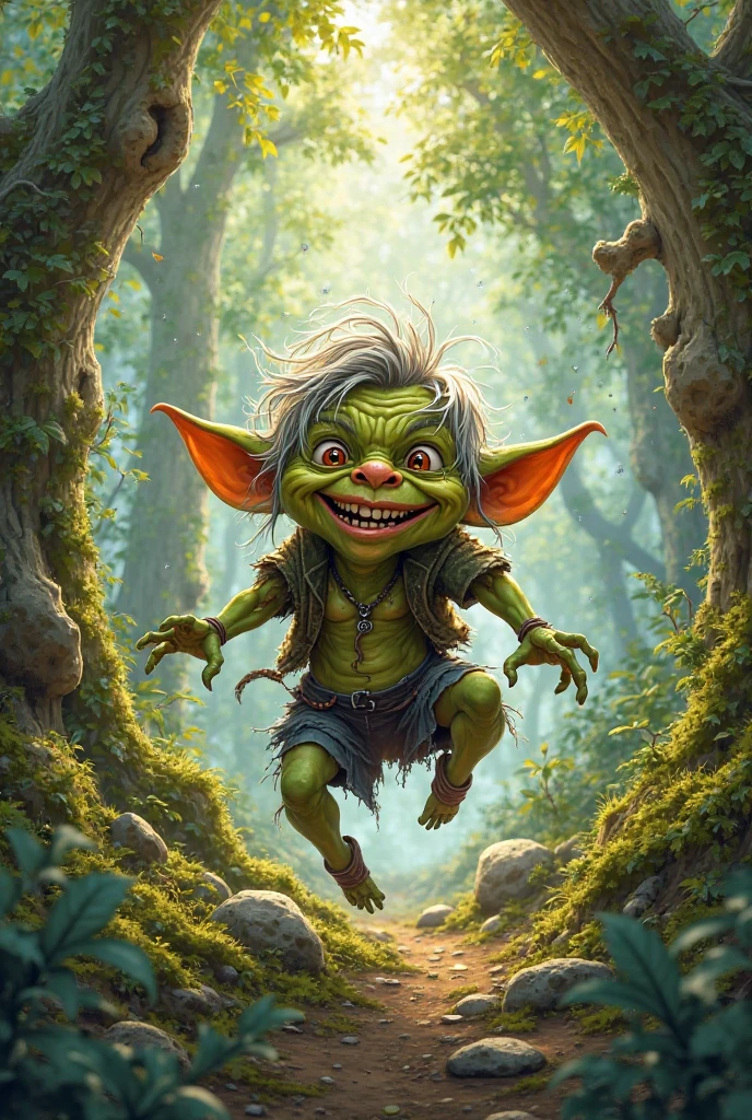 ((ultra detailed, glossy, smooth, )) goblin, лесной goblin, is going to attack, Lovecraft style, зелёный goblin, jumps out of the bushes, sharp fangs, группа goblinов, fantasy world,