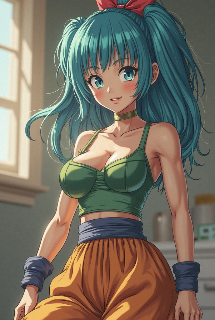 a close up of a person with blue hair sitting at a table, bulma from dragon ball, saiyan girl, short blue haired woman, anime girl named lucy, anime style”, fubuki, female goku, girl with blue hair, toriyama akira, seductive anime girl, furr covering her chest, by Akira Toriyama, 90s anime style