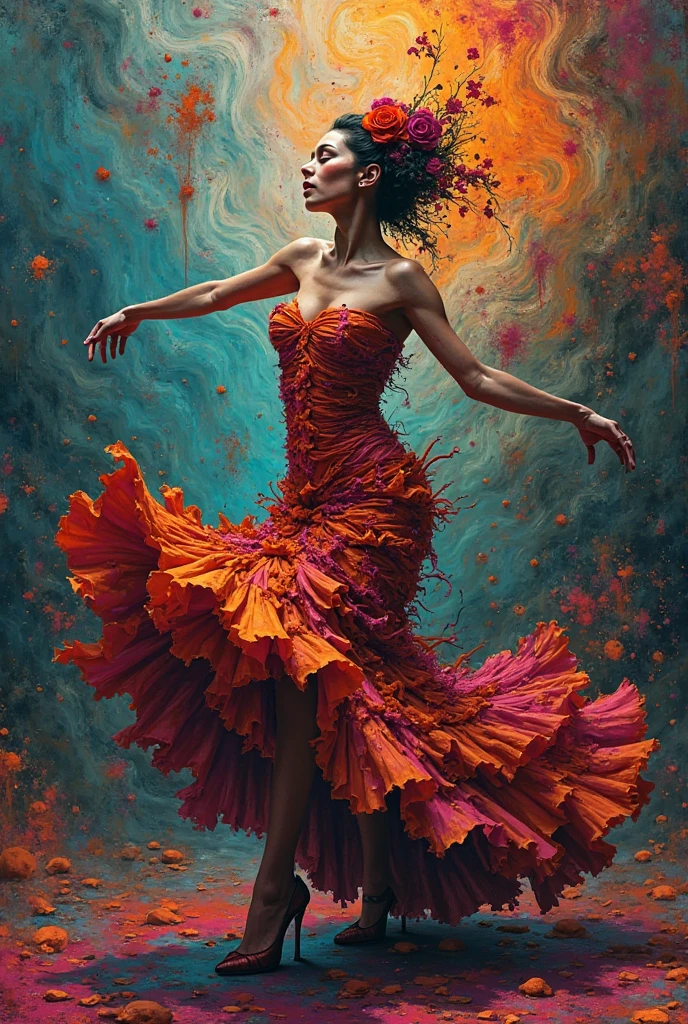 ((Paletteknife Oil painted harmonic colors)), ((Three Random female Latina African and Greek goddess gown)), ((Full body)), ((Random Dynamic Poses)), (((women's , short hair or hairless))), stunning face ,((Random dress tribal clothes)), (((tribal artifacts))), ((tribal oil painting in body)), Hard storming and wind effects, Paul Klee style, surreal masterpiece, octane rendering, focus, colorful oil paintedbackground, detailed, intricate details, rich colors, barefoot, Randon dark skin