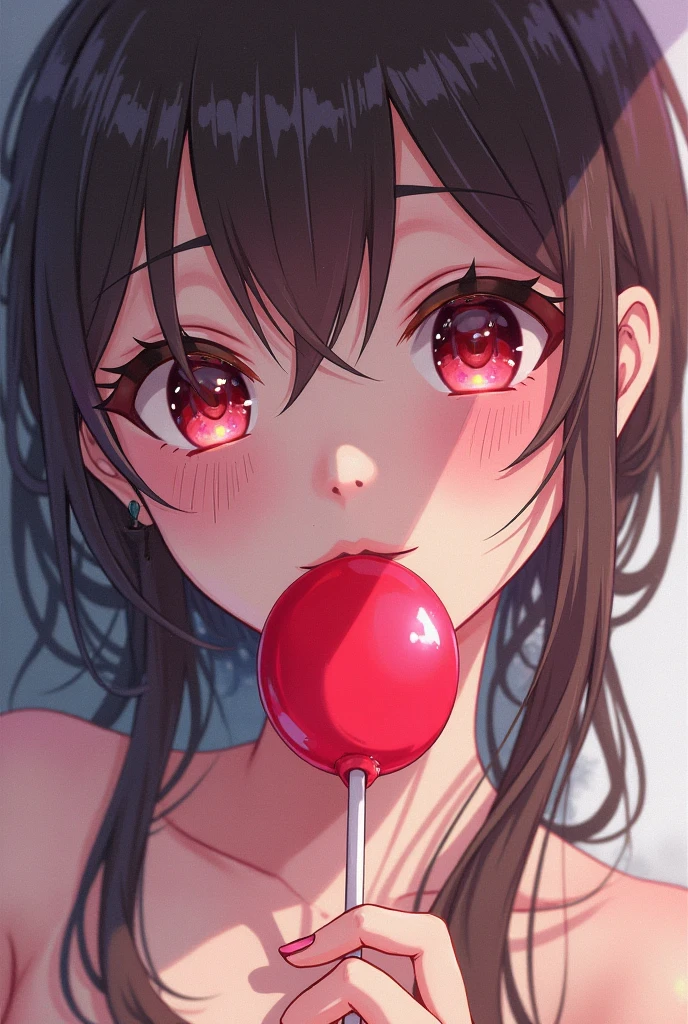 Thin anime girl with very big breasts and nipples showing a little, very short straight bangs, long cherry red hair and black hair tips, honey-colored eyes with golden glasses with super sexy pink lingerie sucking a lollipop