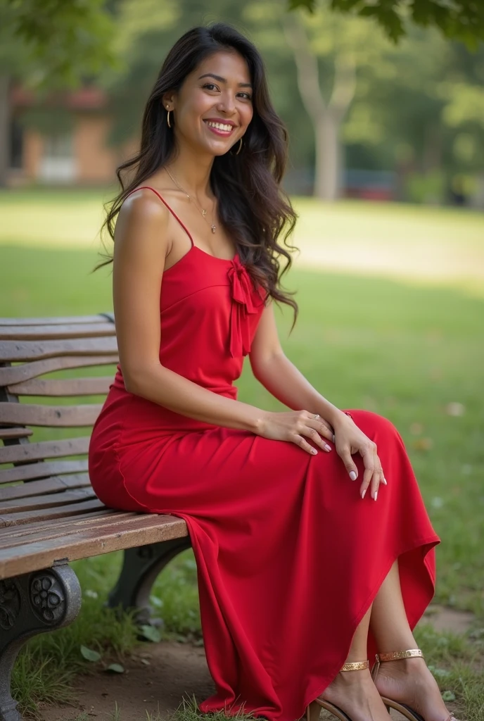 she is wearing a red long dress,smiling