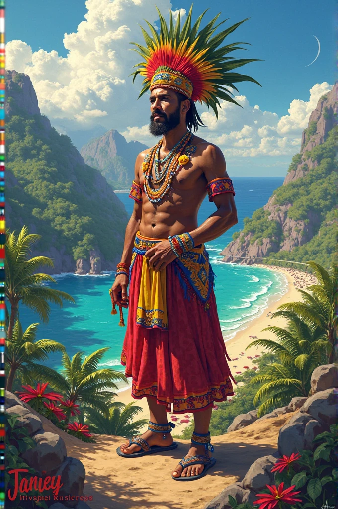 A caboclo with a spear and the flag of Pernambuco printed on his belly 
