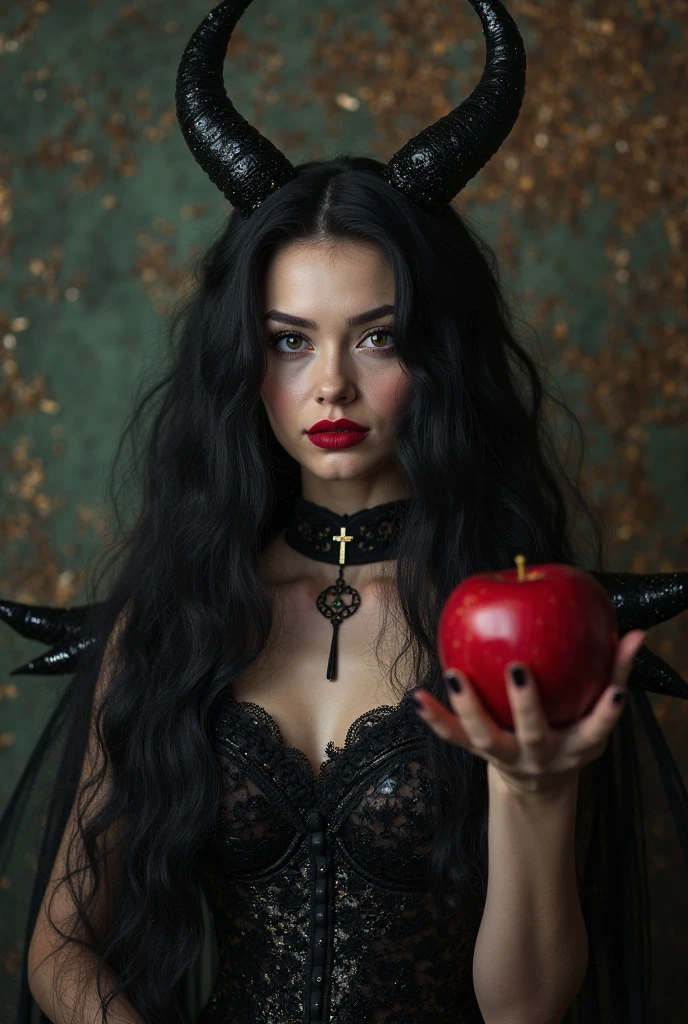 Girl,Black long hair,Black Queen, big breast, cleavage,accessories,Apple in hand,Poison apples,Witch Queen,Red lipstick