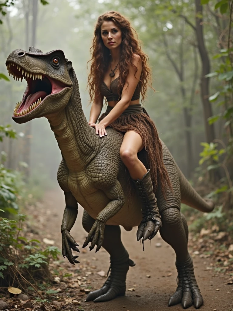 A cave woman has her pet pink velociraptor on a leash and is taking it for a walk in the park. Many other cave people are there with their dino pets (various colors and types)