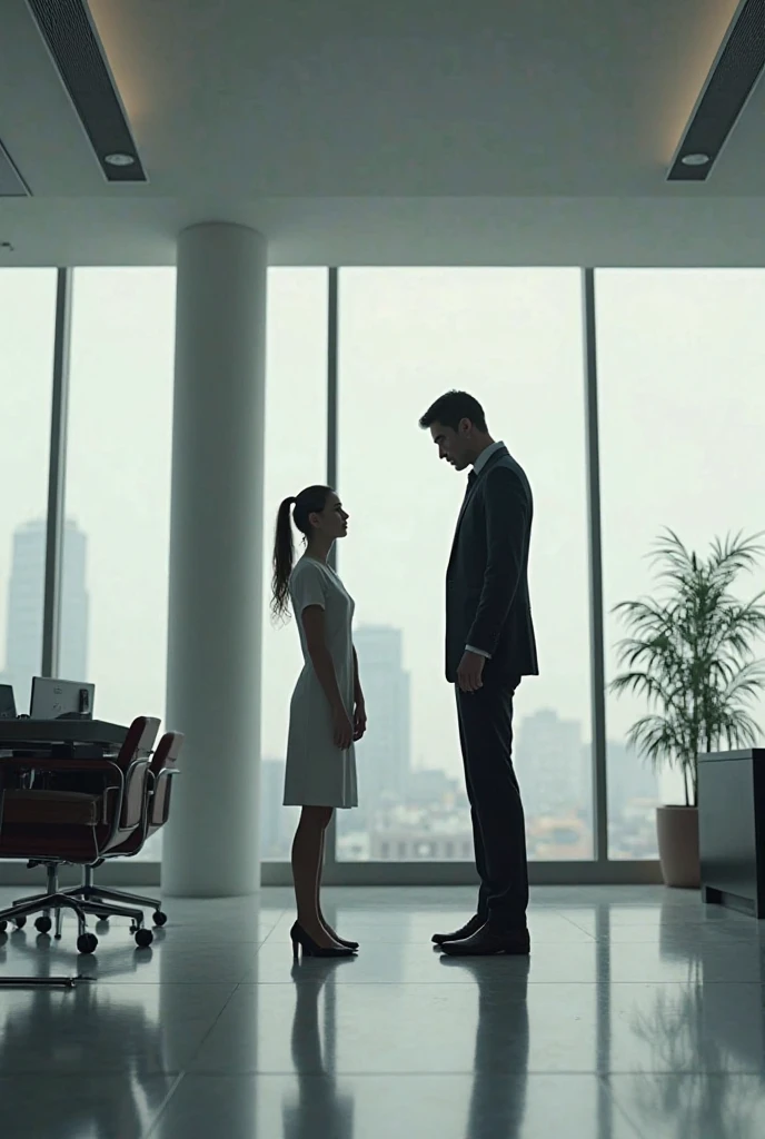 it is day. In the translucent glass cabin of an Orbit brand elevator, There is a couple dressed in business attire, chatting happily. The woman is wearing a skirt that reaches to her knees.. She is holding on to the railing inside the elevator.. In the image you can see the push buttons 1,2,3,4,5,6,7,8,9,10 of the elevator that are inside the elevator cabin. The woman looks out at the landscape outside the elevator, and the man looks at her.