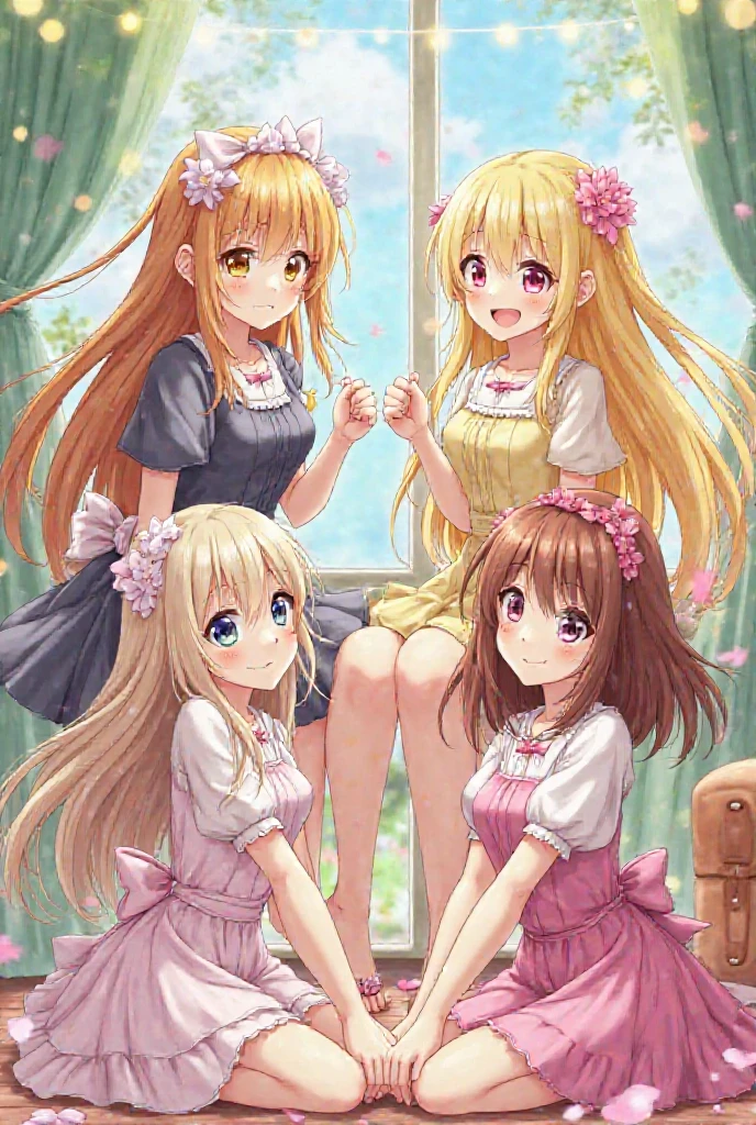 Three angel girls with long hair are lying on the bed in front of the bedroom。, multiple girls, blonde hair, Bon ,Purple Nightgown, red eyes , skirt, brown hair, shy smile, pink nightgown, green eyes, looking at the viewer, short sleeve,sex,compartment,blowjob，Sexy clothes，through，Slip nightdress