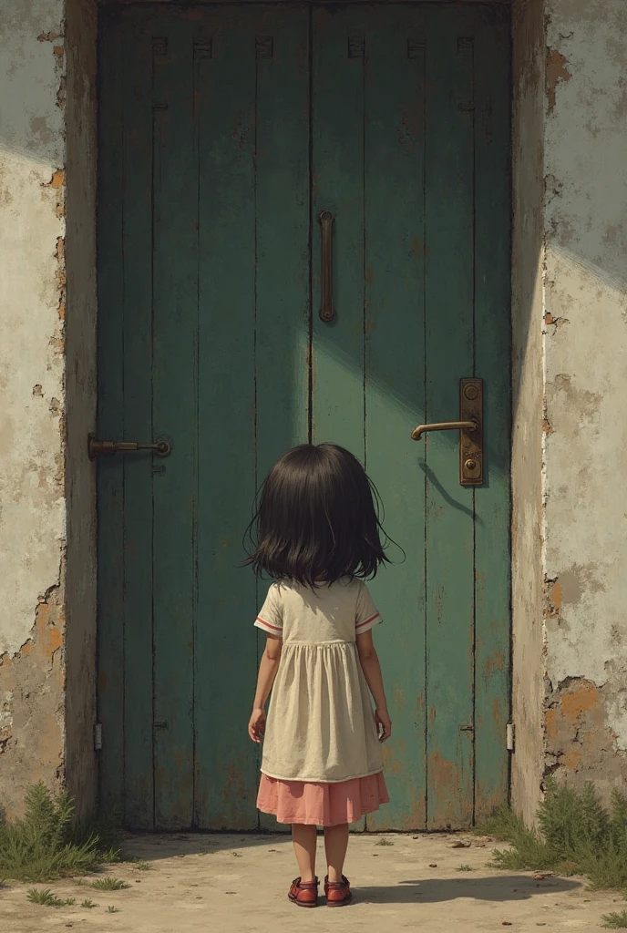 Create a boy with long hair knocking the door from back
