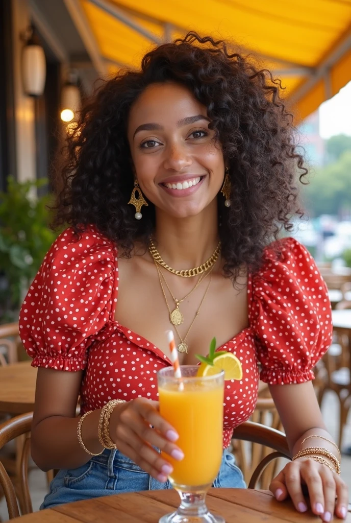 Beautiful young afro black woman eating ice cream in amusement park wearing yellow dress with white happy