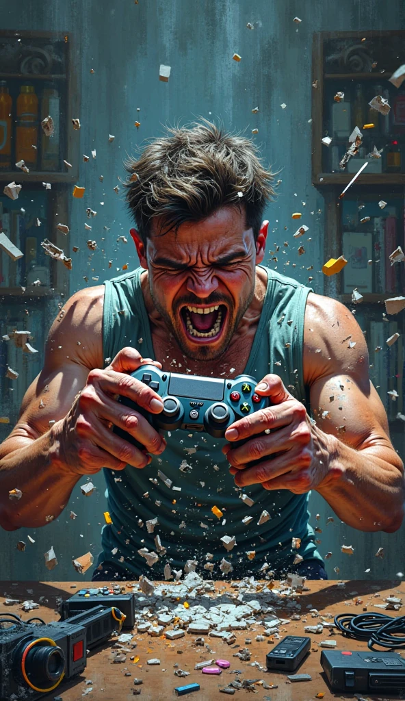 a very angry  dark skind gamer, with shoulder lenght black indian hair , ,screaming at his tv with ps4 controller in hand