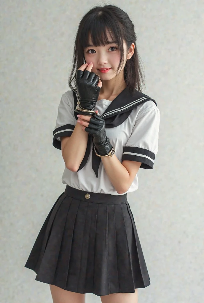 A beautiful girl, moving her center of gravity back, her feet forward and her hands outstretched, (white cotton gloves: 1.3), put her feet in the hand circle, very happy, no panties, thin legs, white short-sleeved top, tight skirt, knees 90 degrees, high heels on the ground, hands in front of feet, holding legs, kneeling, sidewalk, RAW photos, 8K, highest quality, super high resolution, beautiful face details, real human skin, front view, angle from below, long hair, realistic, realistic, cute, short skirt, Squatting deep in the city, cute schoolgirl, Japanese schoolgirl uniform, surreal high school girl, full body,