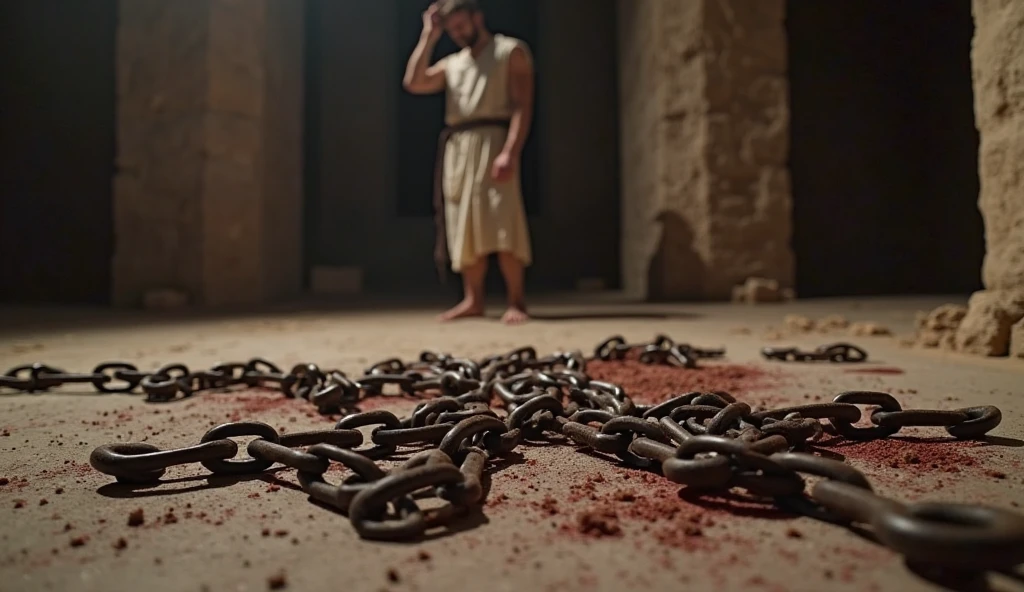 Saul of Tarsus, imprisoned, ancient Greece, simple robes and chains, dimly lit prison cell, Saul writing epistles on the floor, cold stone walls and barred windows in the background, medium shot, hyper-realistic, photo realism, cinematography