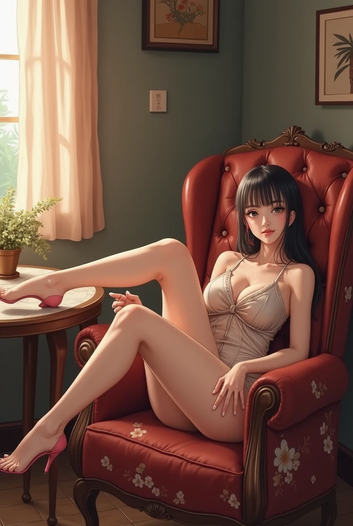 masterpiece, best quality, ultra detailed, beautiful skin, professional lighting, 1girl, bikini, full body, on sofa